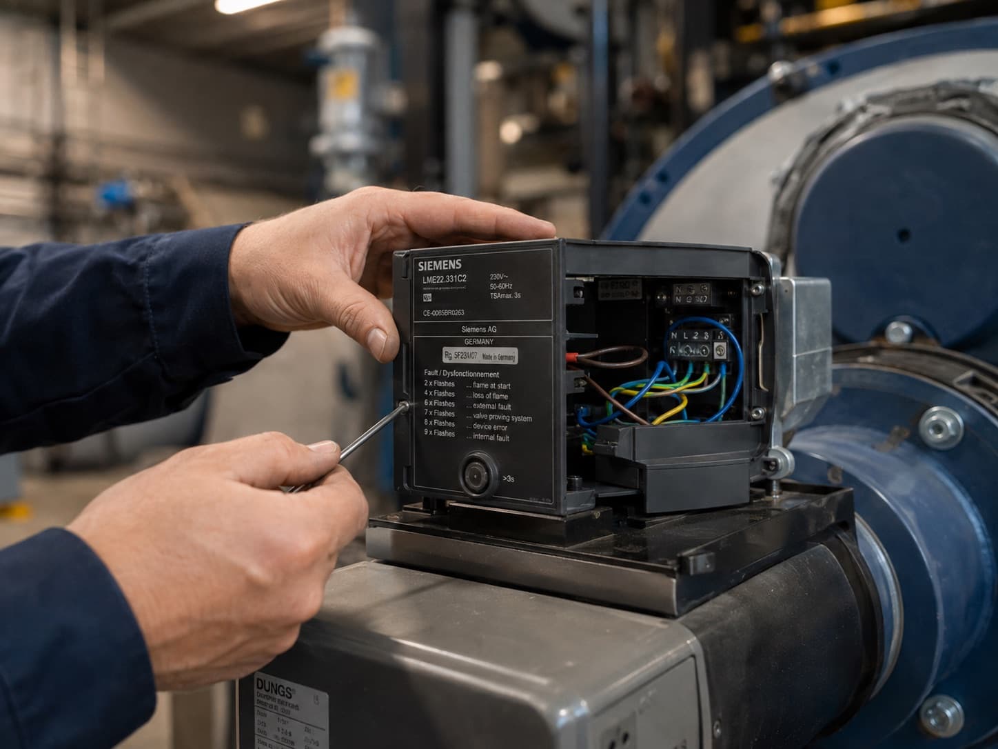 Beray Enerji technician adjusting a burner control box